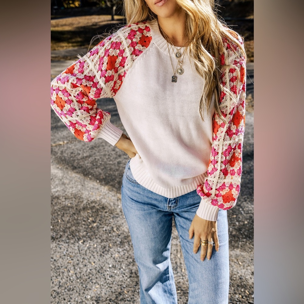 Flower Element Openwork Round Neck Sweater - image 3